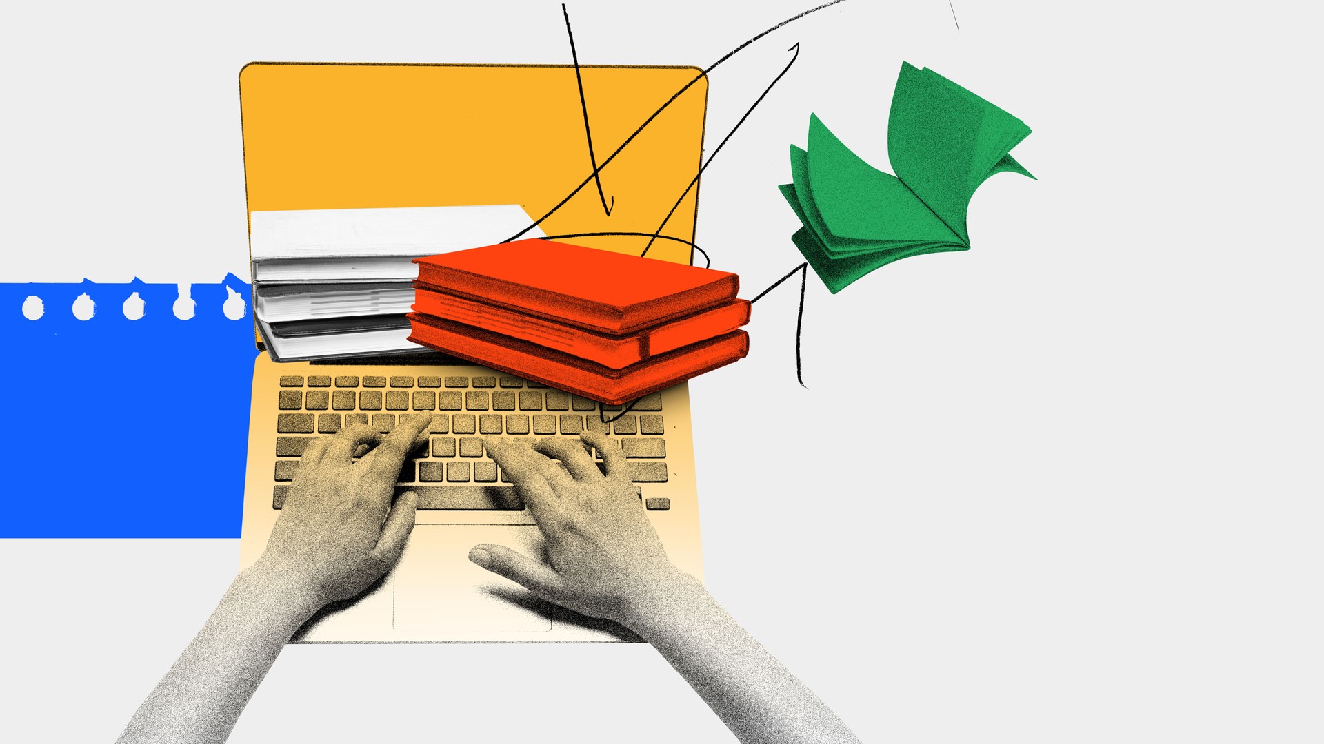 Person using laptop for learning with books around. Contemporary art collage. Synergy between technology and education